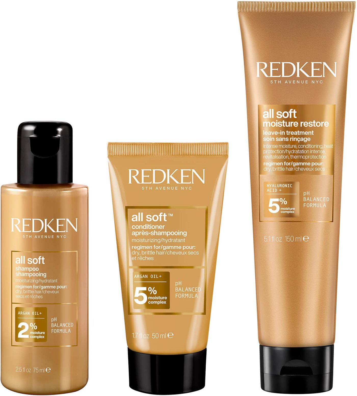 Redken All Soft Shampoo 75ml, Conditioner 30ml and Leave-in Treatment 150ml Bundle for Dry and Brittle Hair