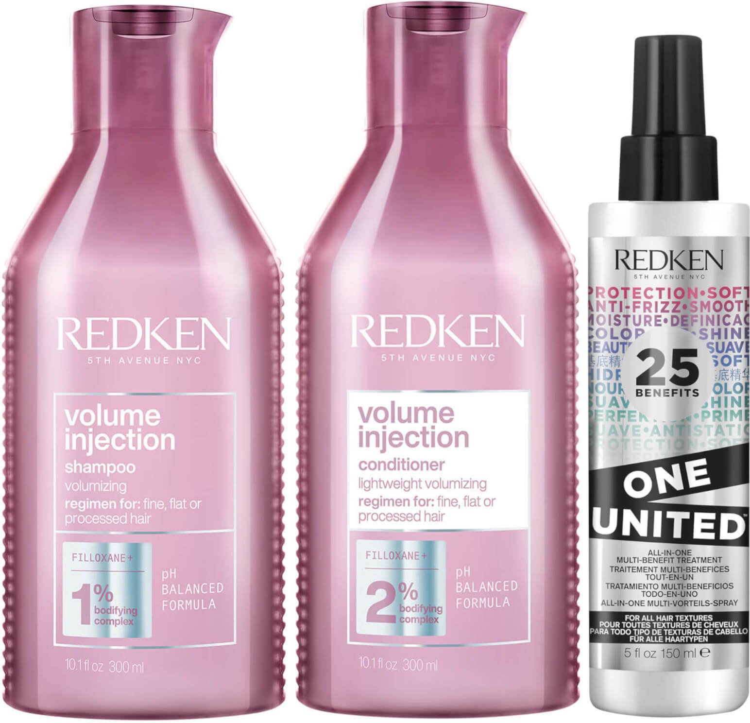 Redken Volume Injection Shampoo, Conditioner and One United Treatment Spray Routine for Fine/Flat Hair
