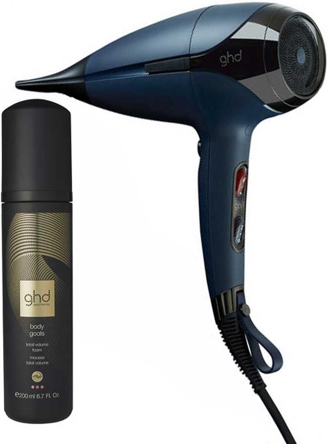 ghd helios Haartrockner blau & body goals Volumschaum Pflegebundle