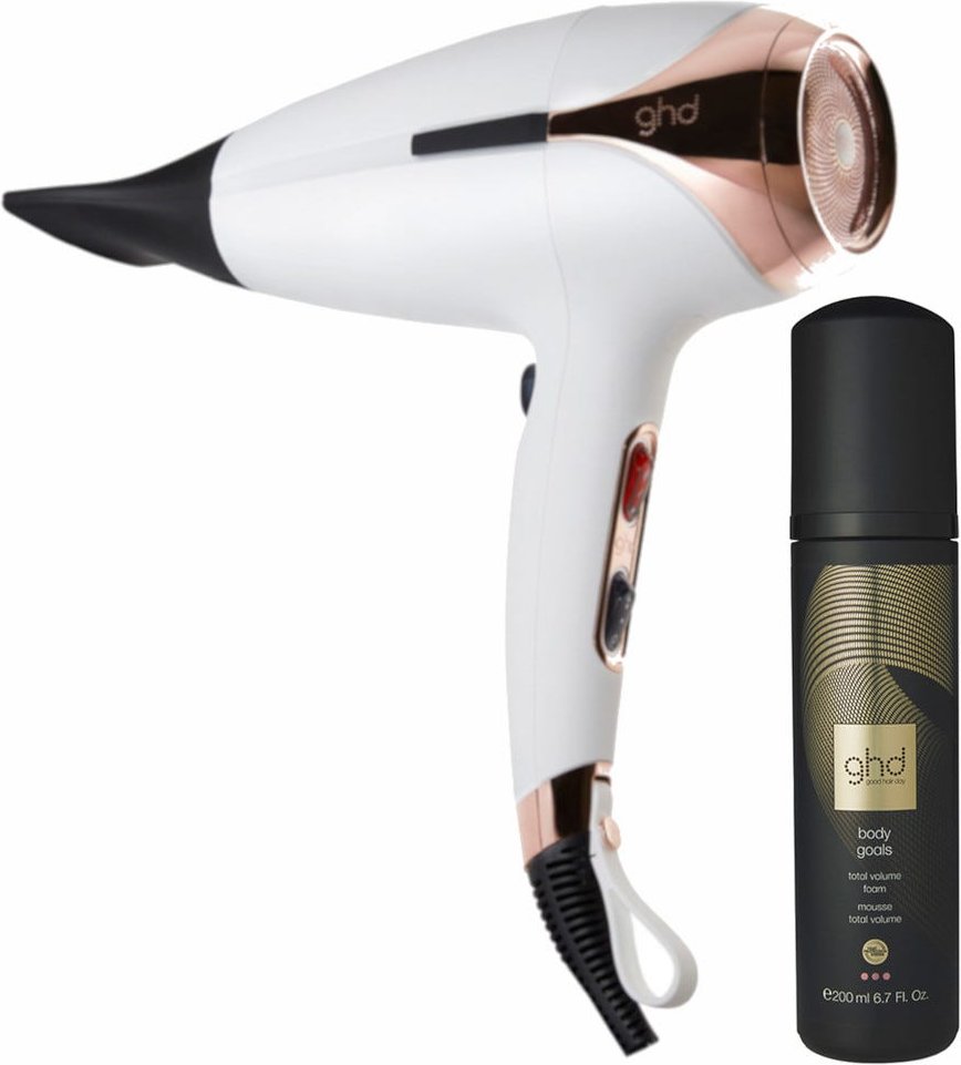ghd helios Haartrockner weiß & body goals Volumschaum Pflegebundle