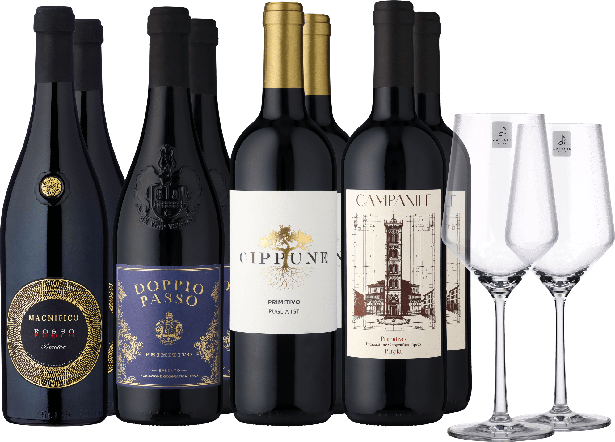 Thumbnail - 8er-Probierpaket »Primitivo Genussreise« inkl. 2er Zwiesel PURE Gläser-Set