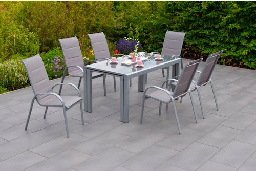 MERXX Gartenmöbelset »Amalfi«, 7-tlg., stapelbar/verlängerbar, Aluminium/Textil - braun | silberfarben