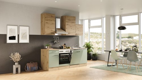 Flex-Well Küchenzeile »Cara«, mit E-Geräten, Gesamtbreite: 220 cm, Dekor: Schilfgrün matt / Artisan Eiche - gruen