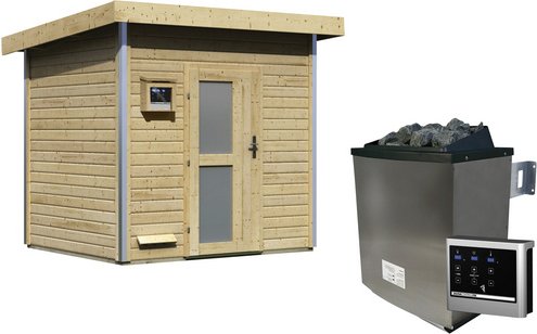 KARIBU Saunahaus »Segewold«, BxTxH: 231 x 196 x 238 cm, 9 kW Ofen mit ext. Steuerung - beige