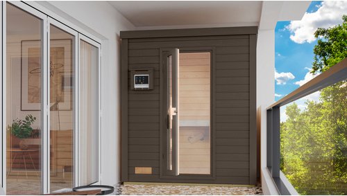 KARIBU Saunahaus »Suurlaht«, BxTxH: 196 x 113 x 228 cm, 9 kW Bio-Ofen mit externe Steuerung , für 1 Person - beige