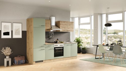 Flex-Well Küchenzeile »Cara«, mit E-Geräten, Gesamtbreite: 270 cm, Dekor: Schilfgrün matt / Artisan Eiche - gruen