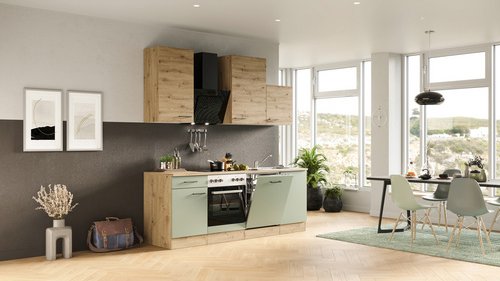 Thumbnail - Flex-Well Küchenzeile »Cara«, mit E-Geräten, Gesamtbreite: 220 cm, Dekor: Schilfgrün matt / Artisan Eiche - gruen