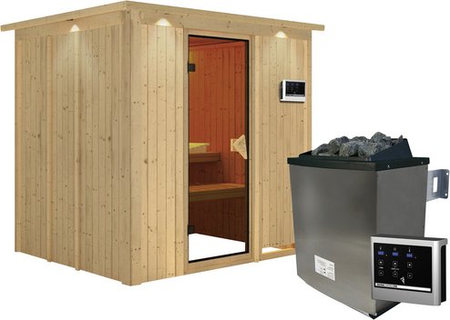KARIBU Sauna »Rakvere«, inkl. 9 kW Saunaofen mit externer Steuerung, für 3 Personen - beige