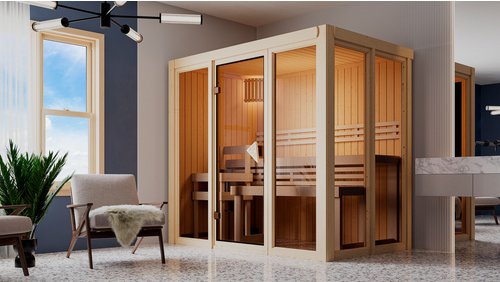 KARIBU Sauna »Juminda«, BxTxH: 216 x 138 x 198 cm, 3,6 kW Ofen mit interne Steuerung , für 2 Personen - beige