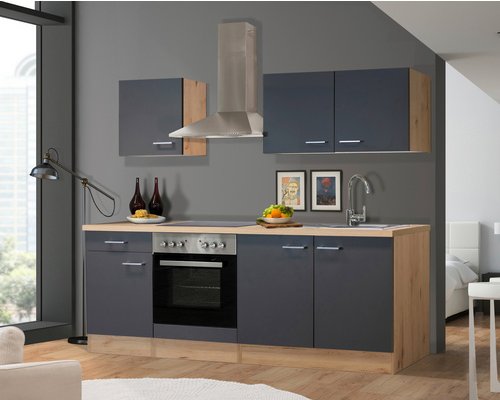 Flex-Well Singleküche »Morena«, mit E-Geräten, Gesamtbreite: 210 cm, Arbeitsplatte mit Melaminharz-Beschichtung - grau