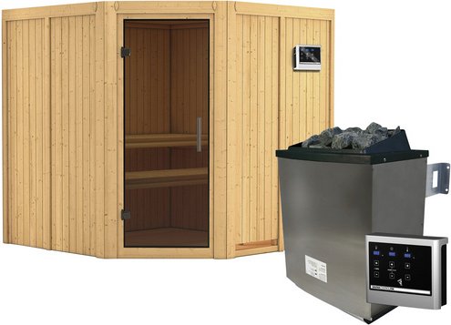 KARIBU Sauna »Vöru«, inkl. 9 kW Saunaofen mit externer Steuerung, für 4 Personen - beige