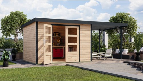 KARIBU Gartenhaus »Osterby 5 A«, BxHxT: 536,5 x 209 x 242 cm (Außenmaße inkl. Dachüberstand), Wandstärke 19 mm - braun