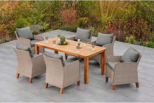 MERXX Gartenmöbelset »Avellino«, 7-tlg., inkl. Auflagen, Aluminium/Kunststoffgeflecht/Akazie - beige