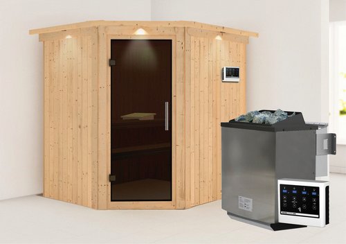 KARIBU Sauna »Maardu«, inkl. 9 kW Bio-Kombi-Saunaofen mit externer Steuerung, für 3 Personen - beige
