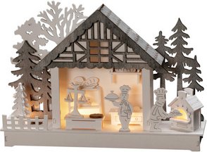 Konstsmide LED-Dekoration, Holzsilhouette Haus und Bäckerei, Batteriebetrieb, weiß - weiss