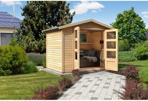 KARIBU Gartenhaus »Amberg 4«, Holz, BxHxT: 246 x 209 x 246 cm (Außenmaße inkl. Dachüberstand) - beige