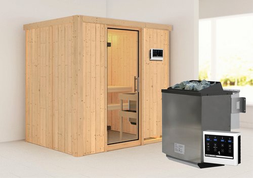 KARIBU Sauna »Kothla«, inkl. 9 kW Bio-Kombi-Saunaofen mit externer Steuerung, für 3 Personen - beige