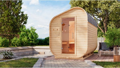 KARIBU Fasssauna »Vagula«, BxTxH: 225 x 175 x 229 cm, 9 kW Ofen mit externe Steuerung, für 3 Personen - braun