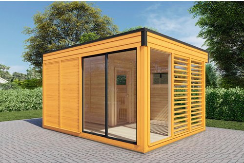 WOLFF FINNHAUS Saunahaus »Paradiso«, BxHxT: 429 x 261 x 328 cm (Außenmaß), Fichtenholz - braun