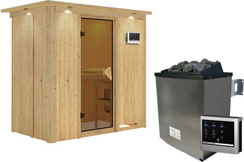 KARIBU Sauna »Pärnu«, inkl. 9 kW Saunaofen mit externer Steuerung, für 2 Personen - beige