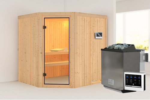 KARIBU Sauna »Suurupi«, BxTxH: 196 x 178 x 198 cm, 9 kW Bio-Ofen mit externe Steuerung , für 3 Personen - beige