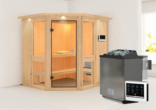 KARIBU Sauna »Pölva 1«, inkl. 9 kW Bio-Kombi-Saunaofen mit externer Steuerung, für 3 Personen - beige