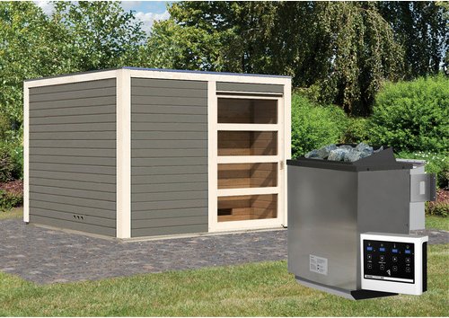 KARIBU Saunahaus »Kandau«, BxTxH: 276 x 276 x 210 cm, 9 kW Bio-Kombi-Ofen mit ext. Steuerung - grau
