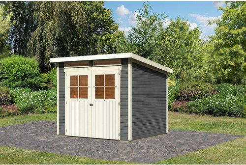 KARIBU Gartenhaus »Glücksburg«, terragrau, BxHxT: 242 x 220 x 236 cm (Außenmaße inkl. Dachüberstand)