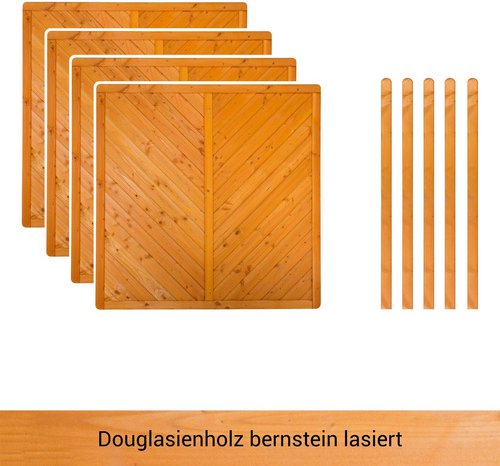 Mr. GARDENER Zaunset »Ontario«, 9er Set: 4 Grundelemente, 5 Pfosten, Douglasie, lasiert - goldfarben