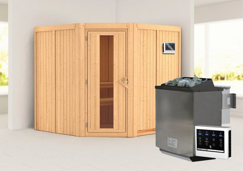 KARIBU Sauna »Vöru«, inkl. 9 kW Bio-Kombi-Saunaofen mit externer Steuerung, für 4 Personen - beige