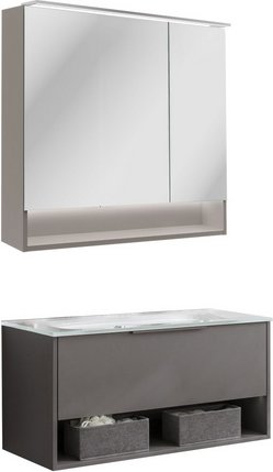 FACKELMANN Badmöbel-Set »B.Paris«, 905 mm, mit Spiegelschrank, Cubanit Grau, mit Glaswaschbecken