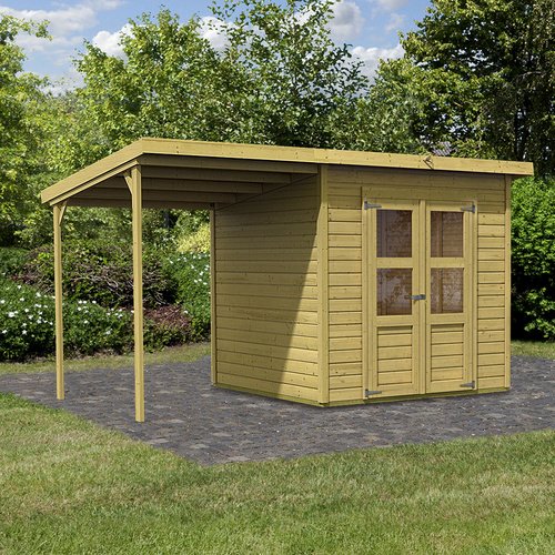 KARIBU Gartenhaus »Merseburg«, Holz, BxHxT: 415 x 219 x 236 cm (Außenmaße inkl. Dachüberstand) - beige