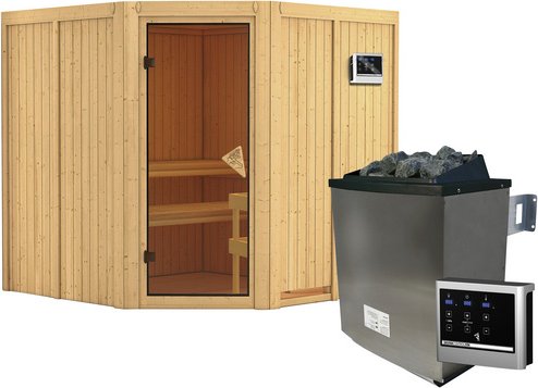 KARIBU Sauna »Vöru«, inkl. 9 kW Saunaofen mit externer Steuerung, für 4 Personen - beige