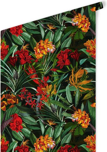 K&L Wall Art Vliestapete »Vintage Vliestapete«, Tropische Blumen Grün Rot, mehrfarbig, matt - bunt