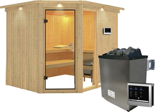 KARIBU Sauna »Paide 3«, inkl. 9 kW Saunaofen mit externer Steuerung, für 4 Personen - beige