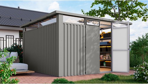 KARIBU Gartenhaus »Osten 4«, BxHxT: 403 x 220 x 22,5 cm, (Außenmaße inkl. Dachüberstand), Wandstärke 0,5 mm - grau