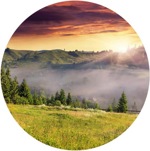K&L Wall Art Vliestapete »Runde Vliestapete«, Bergtal Sonnenaufgang Deko, mehrfarbig, matt - bunt
