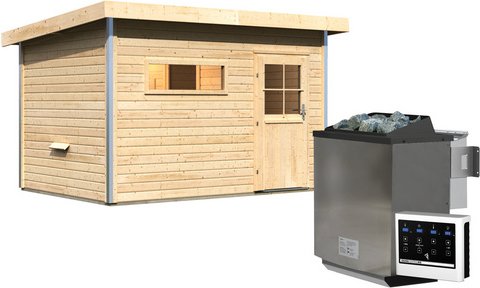 KARIBU Saunahaus »Schwanenburg«, 336x231x227 cm, 9 kW Bio-Ofen - braun