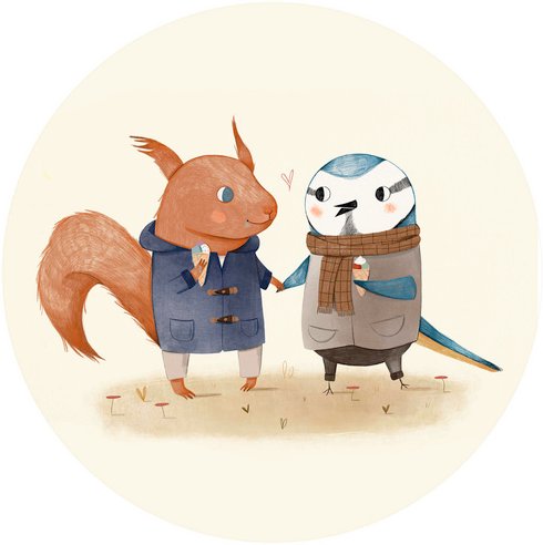 K&L Wall Art Vliestapete »Runde Vliestapete«, Loske Blaumeise Eichhörnchen Kind, mehrfarbig, matt - bunt