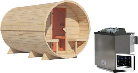 KARIBU Fasssauna »Lauvas 3«, 224x389x229 cm, mit 9kW Ofen Bio, externe Steuerung - braun