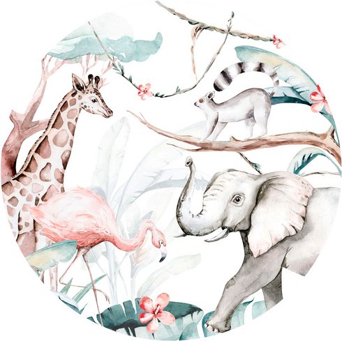 K&L Wall Art Vliestapete »Runde Vliestapete«, Kvilis Tiere Giraffe Elefant, mehrfarbig, matt - bunt