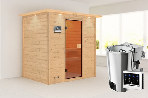 KARIBU Sauna »Kasari«, BxTxH: 224 x 159 x 191 cm, 3,6 kW Bio-Ofen mit externe Steuerung , für 2 Personen - beige