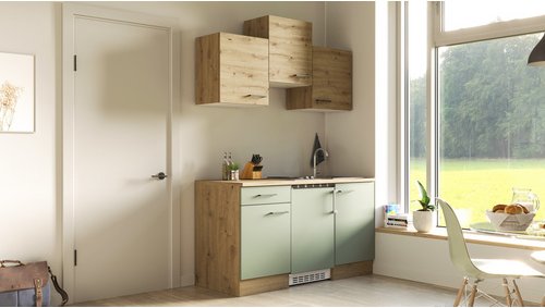 Flex-Well Singleküche »Cara«, mit E-Geräten, Gesamtbreite: 150 cm, Dekor: Schilfgrün matt / Artisan Eiche - gruen