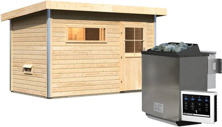 KARIBU Saunahaus »Schwanenburg«, 336x196x228 cm, 9 kW Bio-Ofen - braun