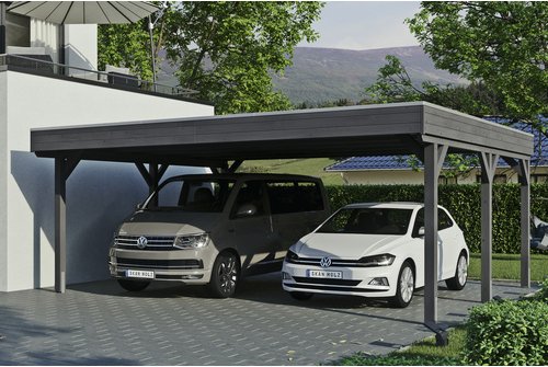 SKANHOLZ Carport »Grunewald«, BxT: 622 x 554 cm, Firsthöhe: 255 cm, lasiert - grau