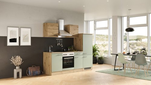 Thumbnail - Flex-Well Küchenzeile »Cara«, mit E-Geräten, Gesamtbreite: 220 cm, Dekor: Schilfgrün matt / Artisan Eiche - gruen