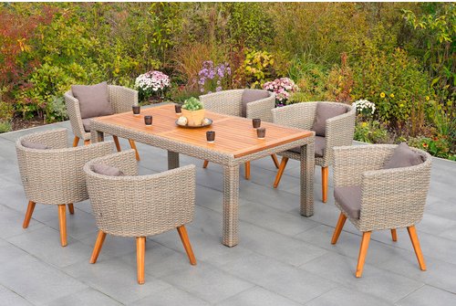 MERXX Gartenmöbelset »Imperia«, 7-tlg., inkl. Auflagen, Aluminium/Kunststoffgeflecht/Akazie - beige