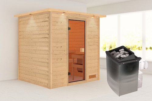 KARIBU Sauna »Pirita«, BxTxH: 224 x 184 x 191 cm, 9 kW Ofen mit interne Steuerung , für 3 Personen - beige