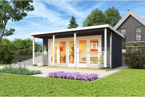 LASITA MAJA Blockbohlenhaus »Liverpool«, BxHxT: 580 x 239,4 x 430 cm (Außenmaß inkl. Dachüberstand), grau