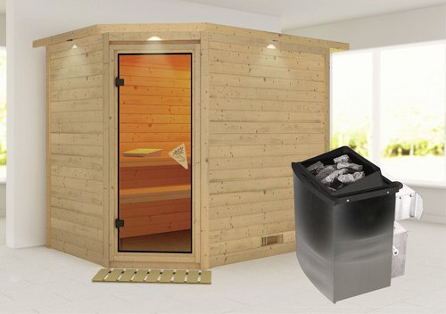 KARIBU Sauna »Kärdla«, inkl. 9 kW Saunaofen mit integrierter Steuerung, für 4 Personen - beige